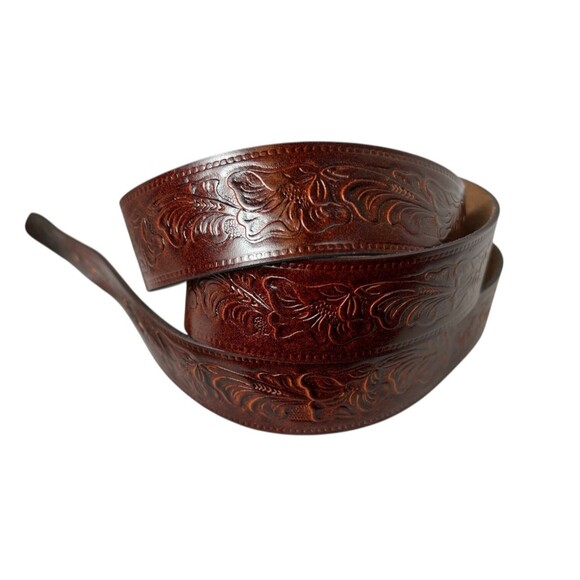 Tooled Western Steerhide Brown Leather Belt  Size 62  Removable Buckle Cowboy - Picture 3 of 7